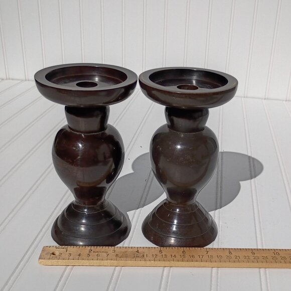 Vintage Candle Sticks Bronze Tone Heavy Metal Holders Taper Pillar Pair MCM - Picture 8 of 9
